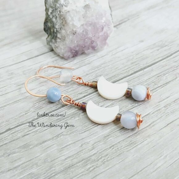 BOGO EARRINGS Crescent Moon Blue Lace Agate Crystal Beaded Dangle Earrings 2" - Picture 3 of 5